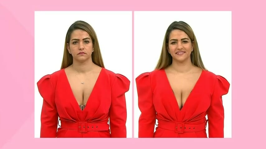 woman in red dress without and with spanx