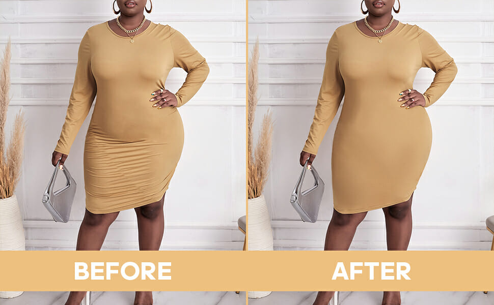 DIVASTORY tummy control panty worn under a long sleeve bodycon (before and after)