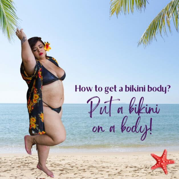 a plus-size woman confidently wearing her two-piece at the beach