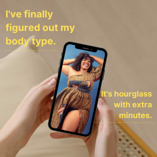 a woman's hands holding her phone looking at the photo of a plus-size woman in dress