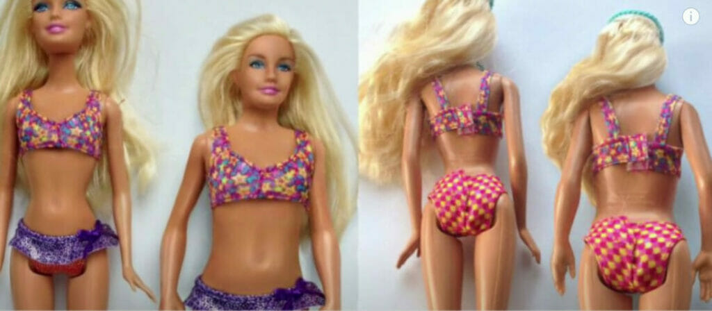 front and back view of barbie dolls in two piece